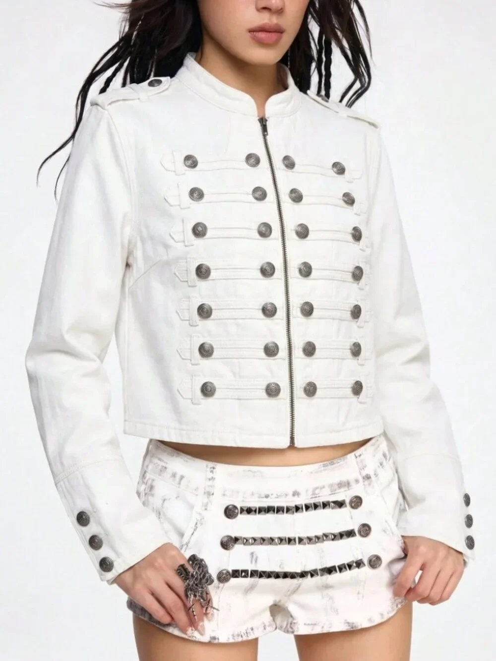 White Denim Military Jacket with Button Epaulette Trim
